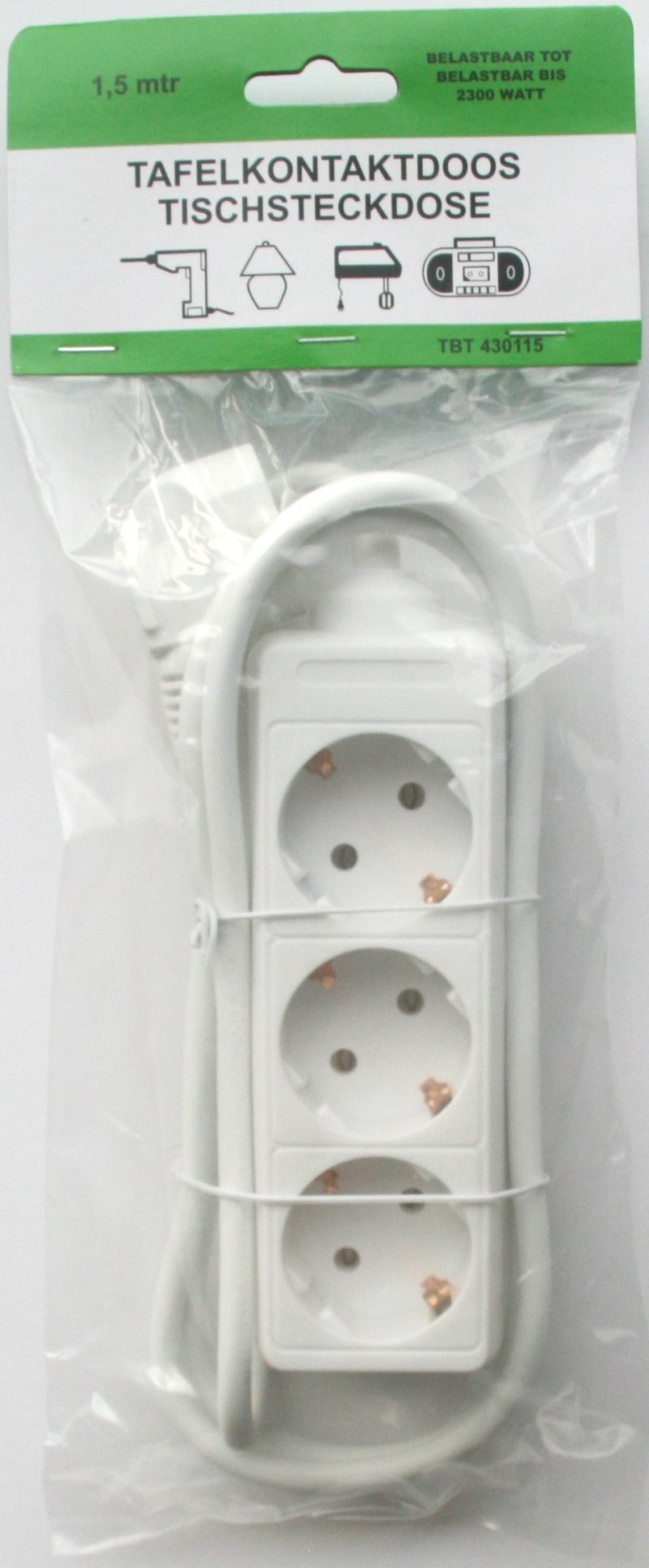 Greenline Tafelcontactdoos Tcd 3-Voudig Ra 5meter Wit 3x1mm2 max 2500W