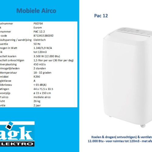 Eurom Mobiele Airconditioning PAC12 12000BTU 3500W 100-120m 42x72x29cm.