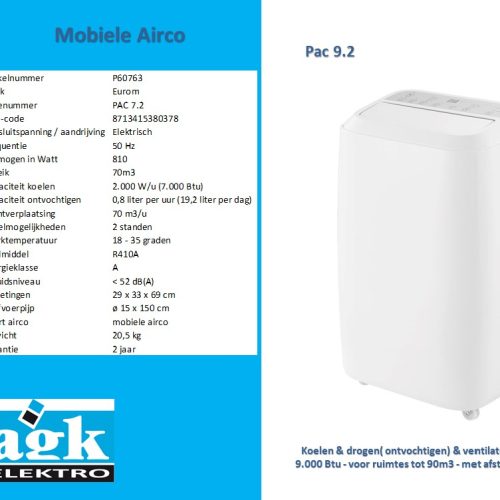 Eurom PAC9.2 Mobiele Airconditioning 9000BTU 2600W 70-90m3 33x68x28cm