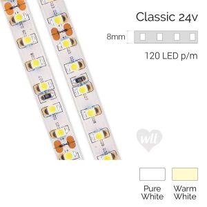 DM901130 Led Strip 24V 120Leds 2500K 9.6W P/Mtr 10.0Mtr 8mm IP20